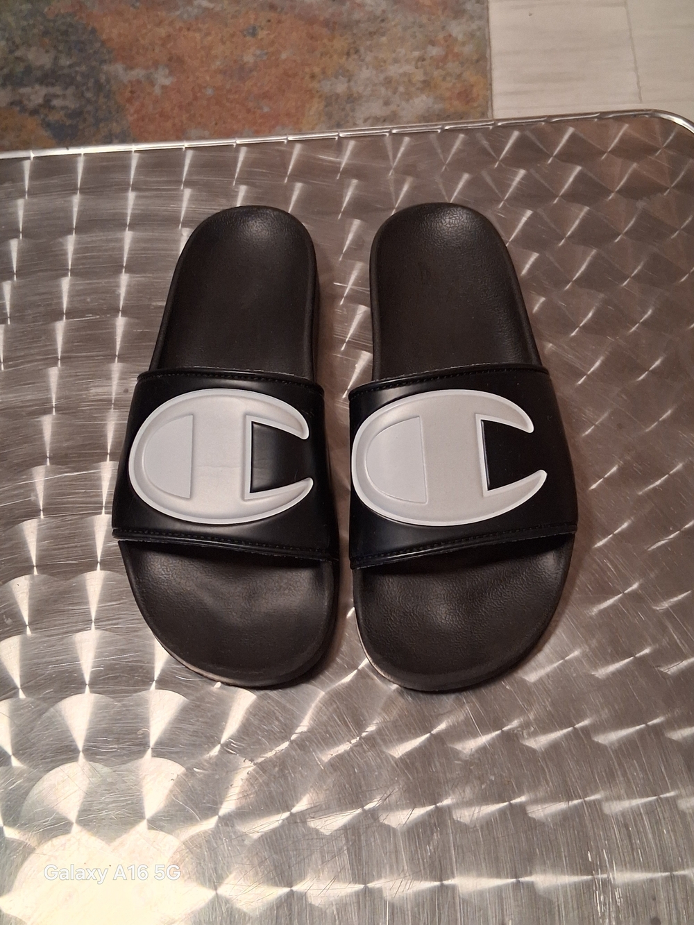 Champion Slide Sandals in Black with White Logo